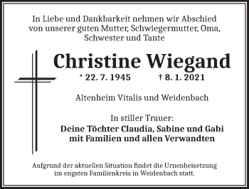 Traueranzeige von Christine Wiegand von Ansbach