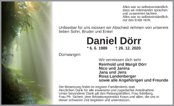 Traueranzeige von Daniel Dörr von Dinkelsbühl/ Feuchtwangen