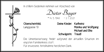 Traueranzeige von Dieter Bayer von Neustadt/ Scheinfeld/ Uffenheim