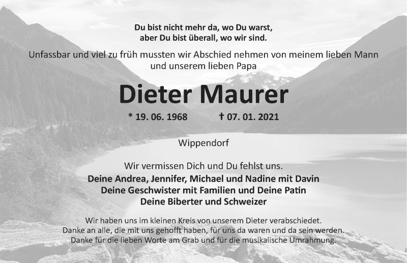  Traueranzeige für Dieter Maurer vom 14.01.2021 aus Ansbach