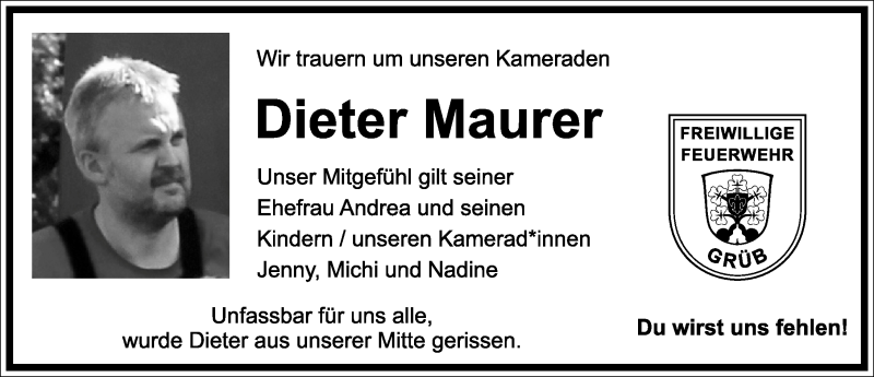  Traueranzeige für Dieter Maurer vom 16.01.2021 aus Ansbach