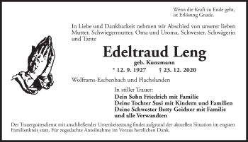 Traueranzeige von Edeltraud Leng von Ansbach