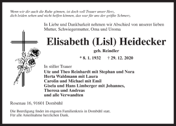 Traueranzeige von Elisabeth  Heidecker von Ansbach