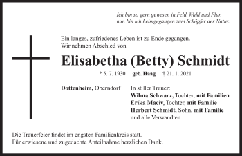 Traueranzeige von Elisabetha Schmidt von Neustadt/ Scheinfeld/ Uffenheim