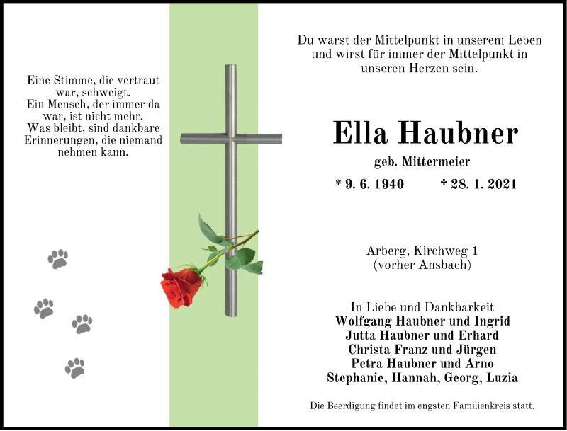  Traueranzeige für Ella Haubner vom 30.01.2021 aus Ansbach