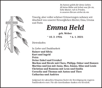 Traueranzeige von Emma Held von Ansbach