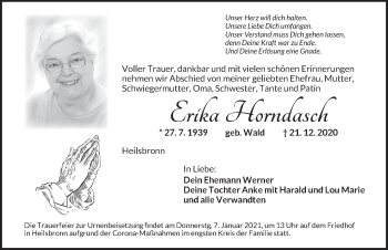 Traueranzeige von Erika Horndasch von Ansbach