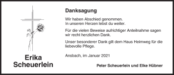 Traueranzeige von Erika Scheuerlein von Ansbach