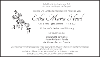 Traueranzeige von Erika Maria Heinl von Ansbach