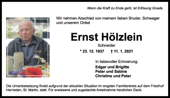 Traueranzeige von Ernst Hölzlein von Ansbach