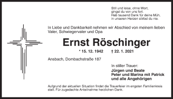 Traueranzeige von Ernst Röschinger von Ansbach