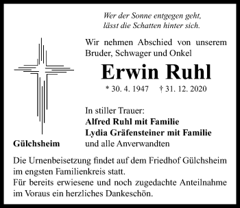 Traueranzeige von Erwin Ruhl von Neustadt/ Scheinfeld/ Uffenheim