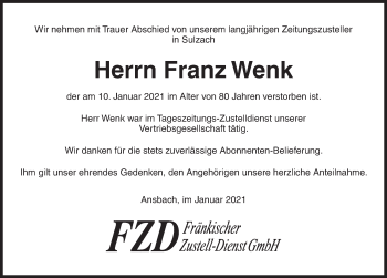 Traueranzeige von Franz Wenk von Dinkelsbühl/ Feuchtwangen