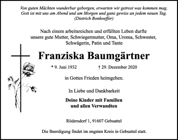 Traueranzeige von Franziska Baumgärtner von Rothenburg