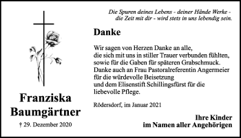 Traueranzeige von Franziska Baumgärtner von Rothenburg