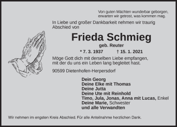Traueranzeige von Frieda Schmieg von Ansbach