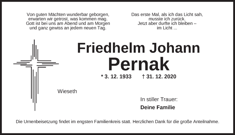  Traueranzeige für Friedhelm Johann Pernak vom 22.01.2021 aus Dinkelsbühl/ Feuchtwangen