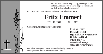 Traueranzeige von Fritz Emmert von Ansbach