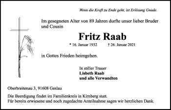 Traueranzeige von Fritz Raab von Rothenburg