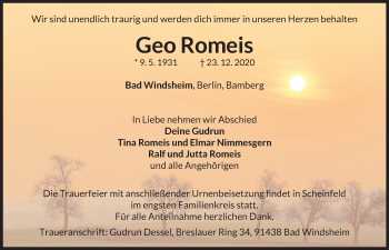 Traueranzeige von Geo Romeis von Neustadt/ Scheinfeld/ Uffenheim