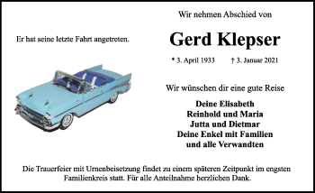 Traueranzeige von Gerd Klepser von Rothenburg