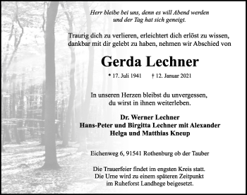 Traueranzeige von Gerda Lechner von Rothenburg