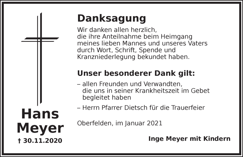  Traueranzeige für Hans Meyer vom 30.01.2021 aus Ansbach