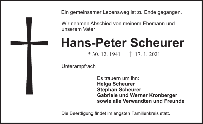  Traueranzeige für Hans-Peter Scheurer vom 19.01.2021 aus Dinkelsbühl/ Feuchtwangen