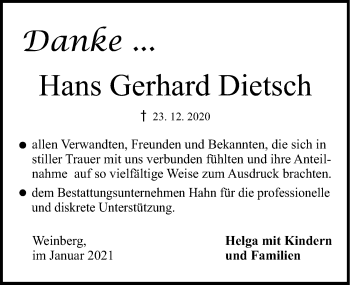 Traueranzeige von Hans Gerhard Dietsch von Dinkelsbühl/ Feuchtwangen