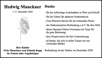 Traueranzeige von Hedwig Mauckner von Rothenburg