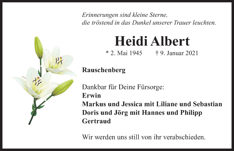  Traueranzeige für Heidi Albert vom 16.01.2021 aus Neustadt/ Scheinfeld/ Uffenheim