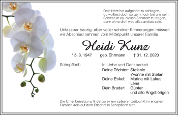 Traueranzeige von Heidi Kunz von Dinkelsbühl/ Feuchtwangen