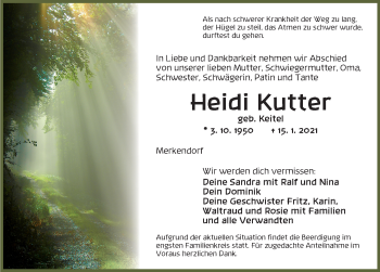 Traueranzeige von Heidi Kutter von Ansbach