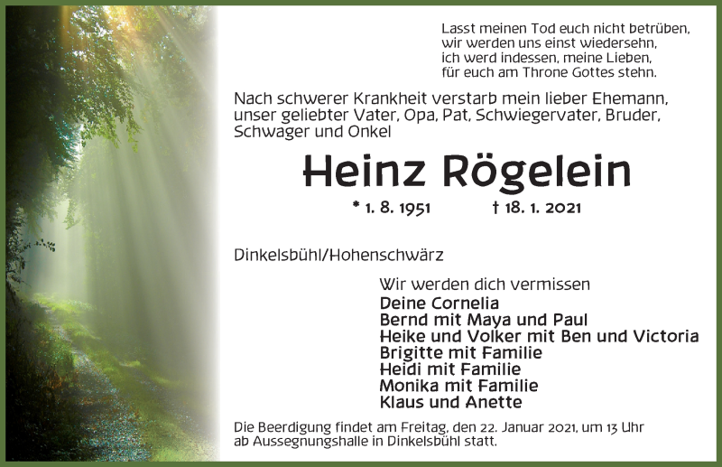  Traueranzeige für Heinz Rögelein vom 21.01.2021 aus Dinkelsbühl/ Feuchtwangen