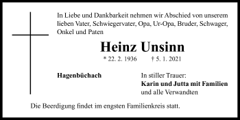 Traueranzeige von Heinz Unsinn von Neustadt/ Scheinfeld/ Uffenheim