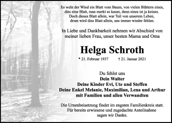 Traueranzeige von Helga Schroth von Rothenburg