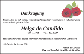 Traueranzeige von Helga de Candido von Neustadt/ Scheinfeld/ Uffenheim