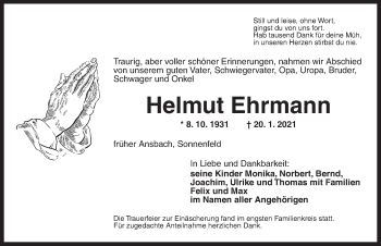 Traueranzeige von Helmut Ehrmann von Ansbach