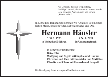 Traueranzeige von Hermann Häusler von Dinkelsbühl/ Feuchtwangen