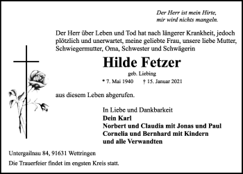 Traueranzeige von Hilde Fetzer von Rothenburg