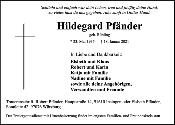 Traueranzeige von Hildegard Pfänder von Rothenburg