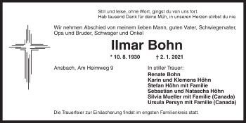 Traueranzeige von Ilmar Bohn von Ansbach
