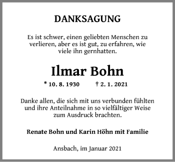 Traueranzeige von Ilmar Bohn von Ansbach