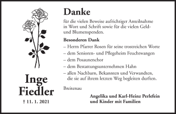 Traueranzeige von Inge Fiedler von Dinkelsbühl/ Feuchtwangen