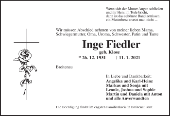 Traueranzeige von Inge Fiedler von Dinkelsbühl/ Feuchtwangen