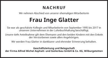 Traueranzeige von Inge Glatter von Dinkelsbühl/ Feuchtwangen