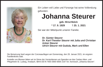 Traueranzeige von Johanna Steurer von Ansbach