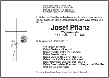 Traueranzeige von Josef Pflanz von Dinkelsbühl/ Feuchtwangen