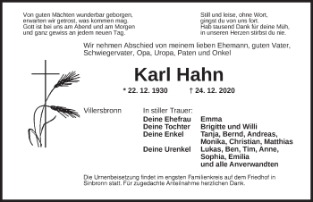 Traueranzeige von Karl Hahn von Dinkelsbühl/ Feuchtwangen