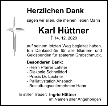 Traueranzeige von Karl Hüttner von Dinkelsbühl/ Feuchtwangen